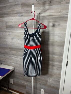 Forever 21 Navy & White Striped Midi Dress with Red Waistband 2051